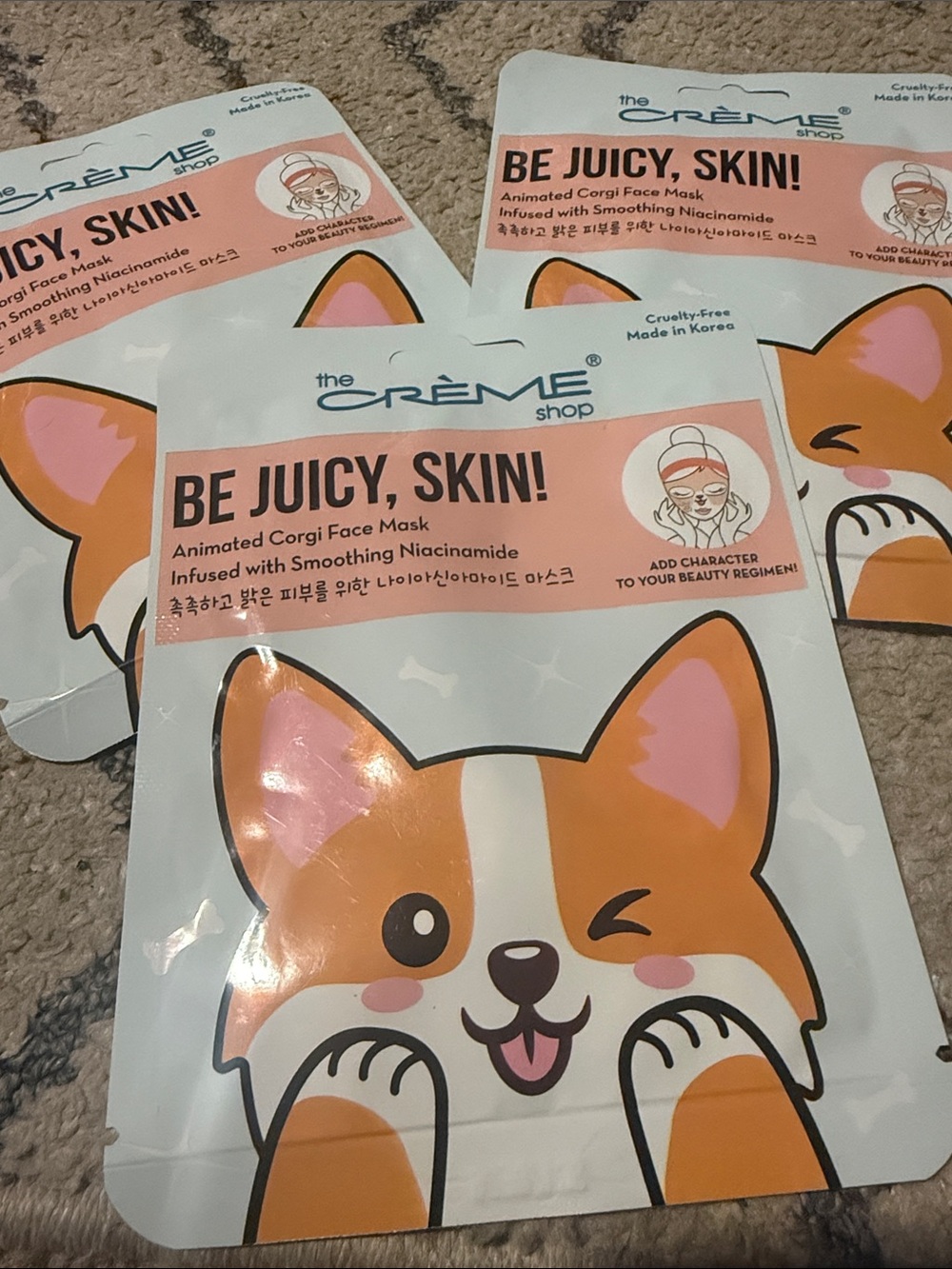5/$25 The Crème Shop "Be Juicy, Skin!" Corgi Animated Face Mask  set of 3